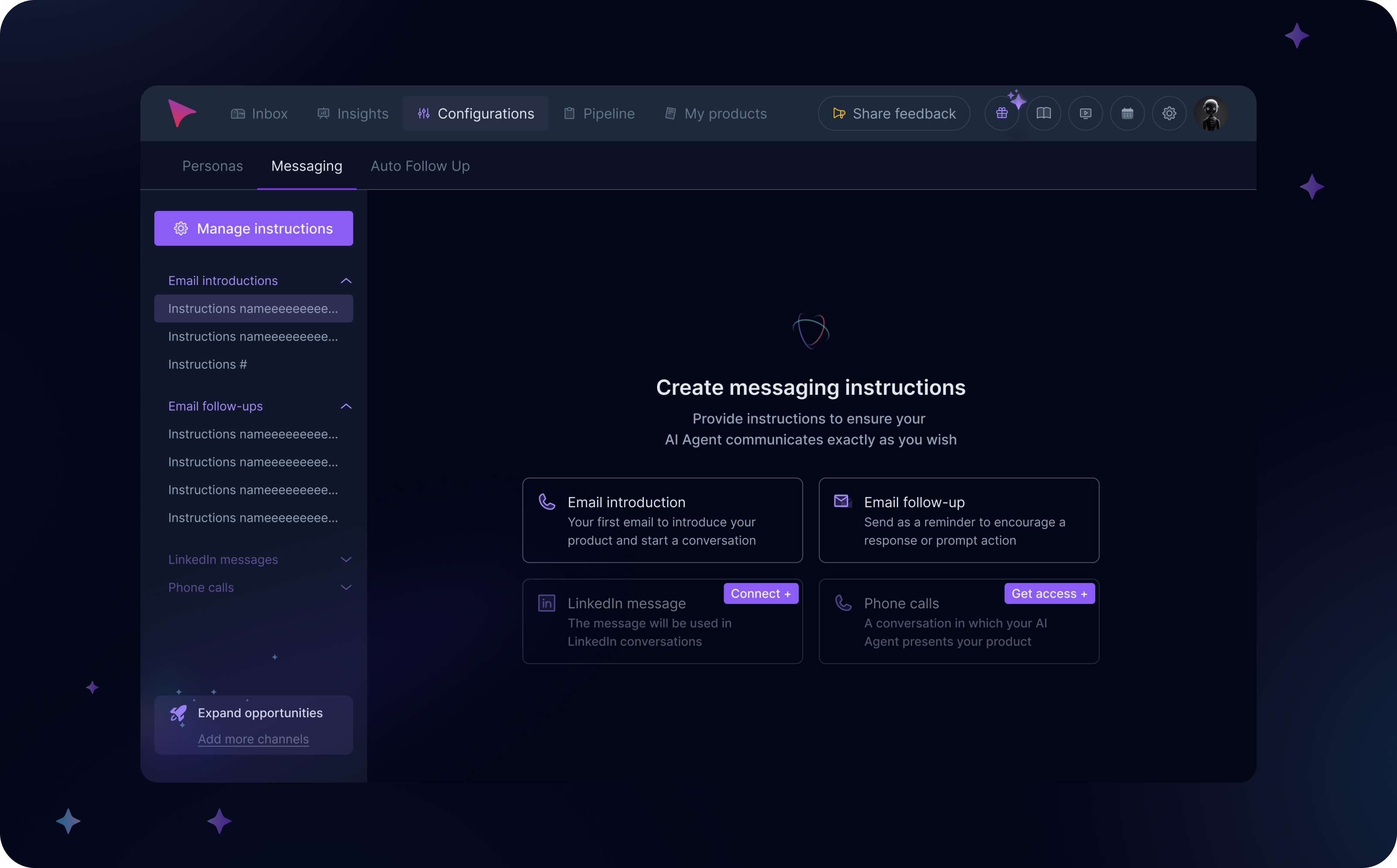 AnyBiz – Messaging Setup: teach your AI to write messages configurations lead generation messaging modal window