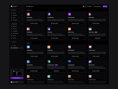 AI Add-ons Page app design card design dark mode integration page list minimal ux design ui ui design ux