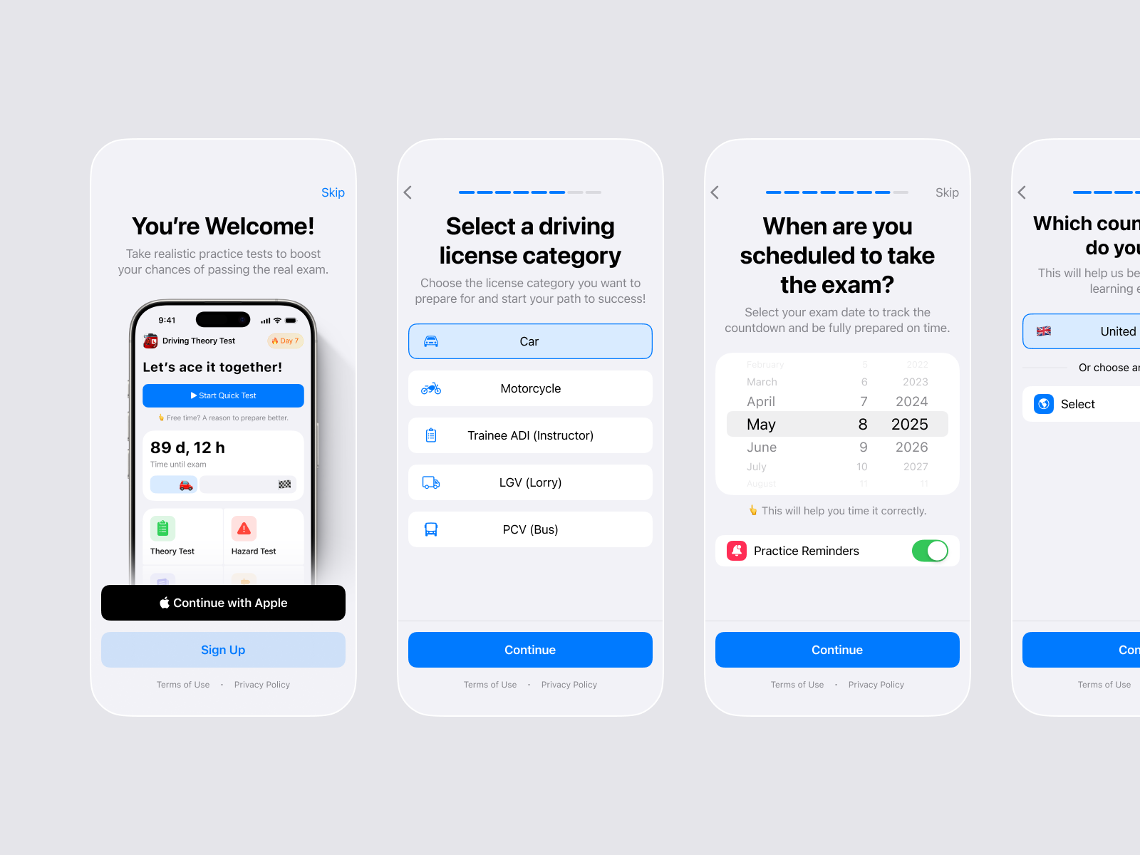 Theory Test Onboarding 1 app car dmv drive dvsa exam license llc mobile onboarding pass paywall practice questions signup steps study ui ux