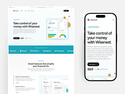 Wisenest: landing page design analytics budged charts dashboard finance landing page design langing page management mobile ui ux