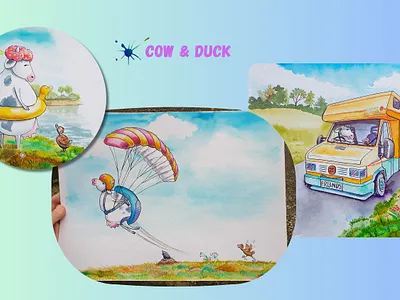 Cow and Duck animals book illustration children childrens book greetings cards illustration watercolor
