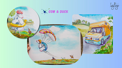 Cow and Duck animals book illustration children childrens book greetings cards illustration watercolor