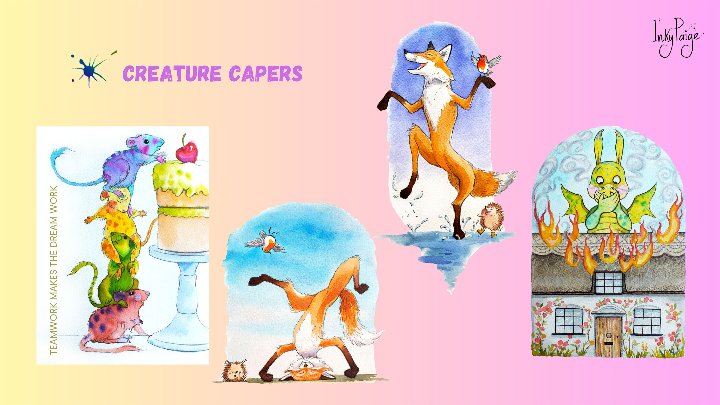 Fox and Friends - Singing in the Rain animals book illustration children childrens book greetings cards illustration watercolor