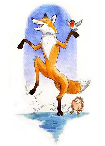 Fox and Friends - Singing in the Rain animals book illustration children childrens book greetings cards illustration watercolor