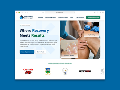 Rebalance Pain and Injury Website and overuse injuries. blue branding crossfit design football hurling injury logo medical microcurrent therapy physiotherapy recovery therapist ui ux web website weightlifting