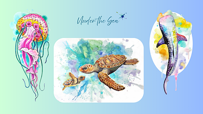 Beneath the Waves - Watercolours animals design graphic design greetings cards illustration watercolor