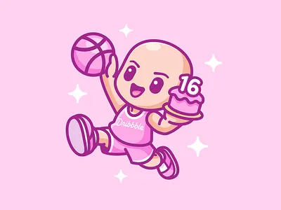 Dribbble's Sweet 16 adorable anniversary basketball birthday cartoon celebrating character chibi cute dribbble hoops illustration jumping lay up mascot nba slam dunk sport sweet 16 yes
