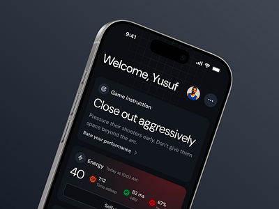 Athlete app game instructions ai athlete charts dark dashboard data match instructions metrics mobile score sports ui