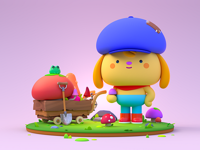 Mushroom Gatherer 3d 3d character animation character character design cute design frog game design graphic design happy illustration illustrator kawaii mascot motion graphics mushroom render ui