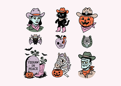 Spooky Western Clipart bat clipart cowboy cowgirl frankenstein halloween horse illustration spooky vampire western