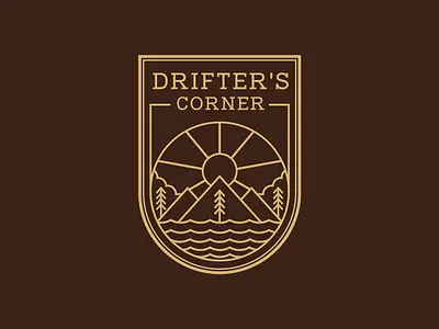 Drifter's Corner Badges Logo adventure apparel badge branding design emblem graphic design hiking illustration logo monoline mountain nature outdoor retro tree vector vintage