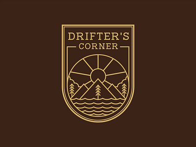 Drifter's Corner Badges Logo adventure apparel badge branding design emblem graphic design hiking illustration logo monoline mountain nature outdoor retro tree vector vintage