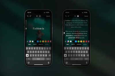 Text Editor UI for Mobile Graphic Editor canvas color picker design tool graphic editor ios mobile app mobile ui nav bar product design tab bar text editor typography