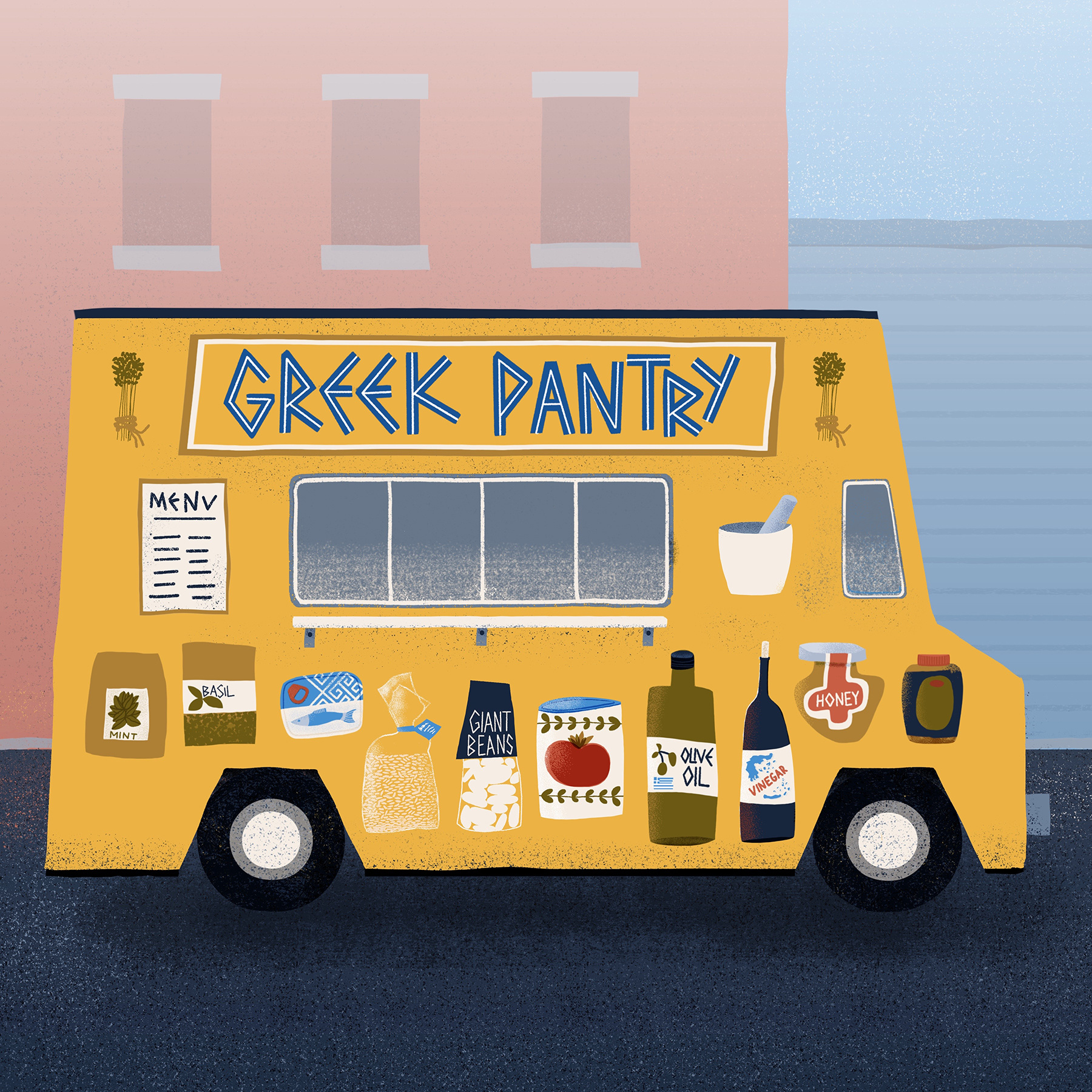 Greek Pantry Food Truck Illustration branding illustration colorful digital art editorial illustration food illustration food packaging illustration food truck illustration greek food illustration illustration packaging illustration street scene illustration