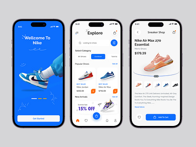 Nike - Sneaker Store App UI appdesign appprototype arpreview darkmode figma microinteractions mobile ui design snacker mobileecommerce nikeapp shoppingcart smartfilters sneakerheaddesign sneakerui uiux wishlistfeature