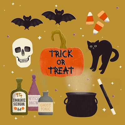 Halloween Icon Illustrations bat illustration black cat illustration candy corn illustration candy illustration colorful digital art editorial illustration halloween halloween icon illustrations halloween illustration icon illustrations illustration label hand lettering label illustration magazine illustration magic wand illustration potions illustration publication illustration pumpkin illustration skull illustration