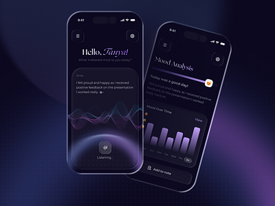 AI Voice Journal — Mood Tracker App UI ai assistant clean design dark ui diary app emotion tracking figma glassmorphism gradient journaling mental health microphone ui mobile ui mood tracker pastel ui self care serif fonts ux design voice app wellness