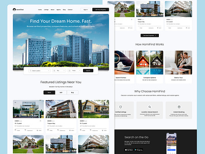 Modern Real Estate Website — HomiFind Landing Page UI 3d animation clean ui dashboard figma graphic design home finder landing page listing website logo modern ui motion graphics property website real estate app real estate saas real estate ui responsive web design ui ui inspiration ux design