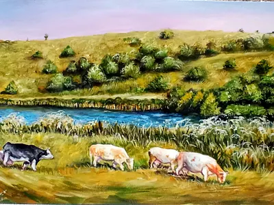 Ukrainian Countryside – Original Landscape Painting Cows, Rive, art cow hand painted handmade nature paint painting ukraine