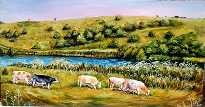 Ukrainian Countryside – Original Landscape Painting Cows, Rive, art cow hand painted handmade nature paint painting ukraine