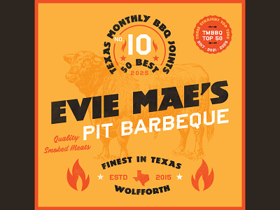Evie Mae's - Top 50 BBQ Joints 2025 barbecue bbq cow meat seal smoke texas texas monthly texture typography