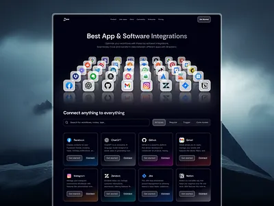 Dark-Mode Integration Cards Study cards design integrations omnichannel plataform product site ui web website