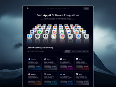 Dark-Mode Integration Cards Study cards design integrations omnichannel plataform product site ui web website