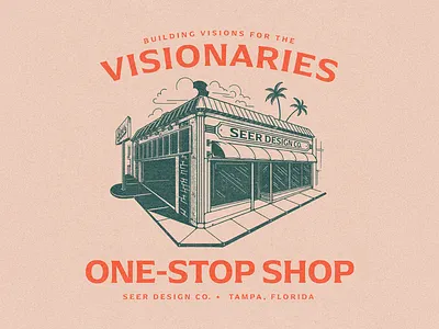 Visionary One-Stop Shop building hand drawn illustration linework retro typography vintage