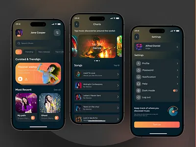 Music App Design app appui clean dark ui home page mobile app music music app music player play player playlist podcast profile social song stream ui uidesign uiux