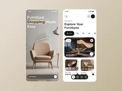 Furniture Store Mobile App clean ui ecommerce app furniture app furniture store home essentials home furniture mobile app design mobile ui modern furniture online store product showcase shopping app ui ui design