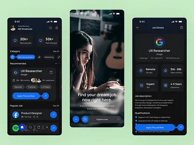 Job Finder Mobile App Design android app category design effect finder future glass gradient ios iphone job mobile responsive soft style ui ux vibrant