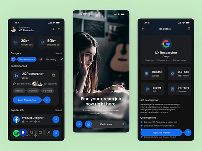 Job Finder Mobile App Design android app category design effect finder future glass gradient ios iphone job mobile responsive soft style ui ux vibrant