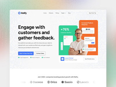 Relify - CRM Landing Page UI/UX Design conversiondesign crm crm landing page crm website design figma framer modern design saas website ui uiux ux web design