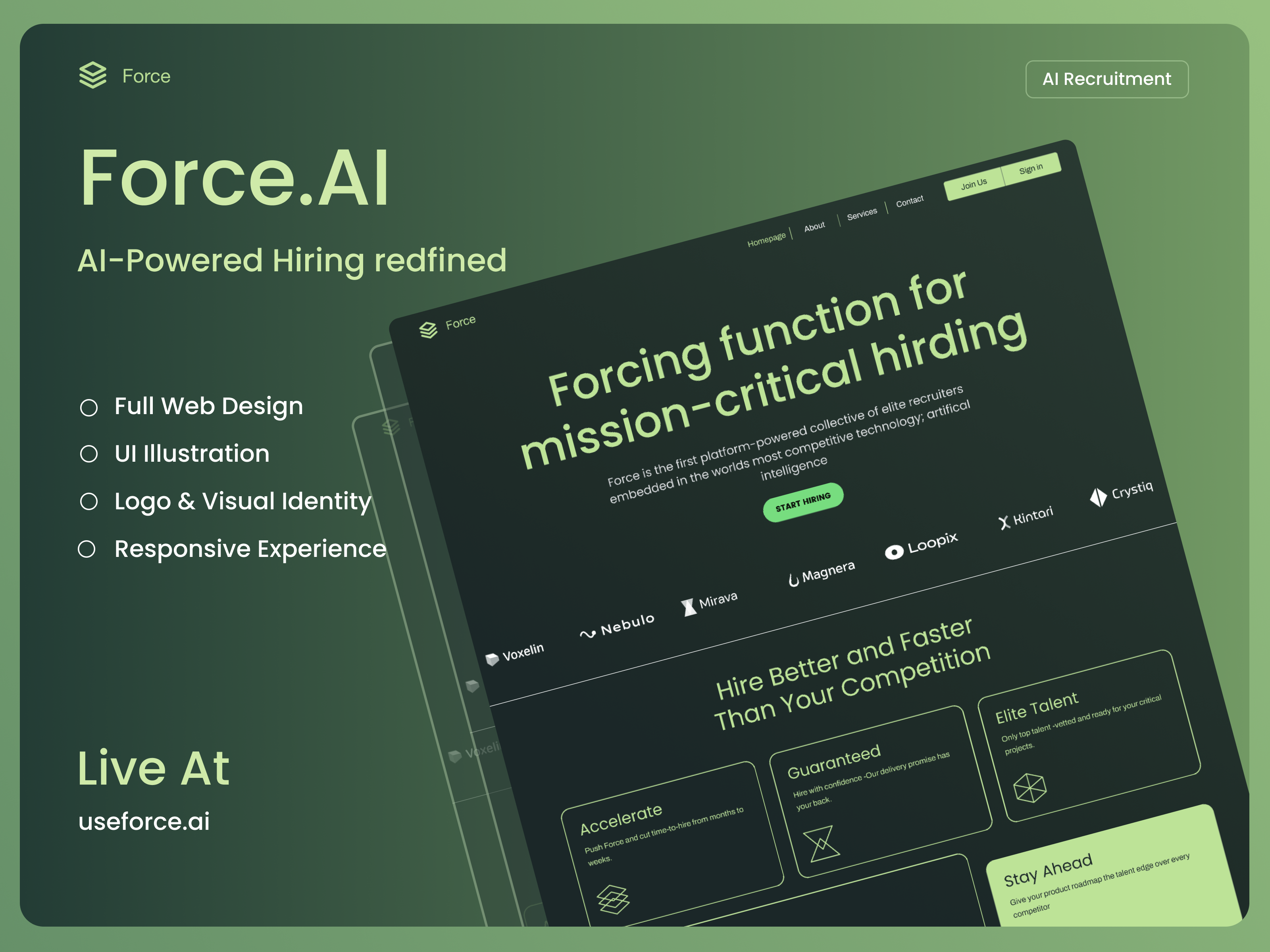 Force – AI-Powered Recruiting Platform aiplatform aiux brandidentity darkmodeui hiringplatform interfacedesign landingpage logodesign productdesign recruitmenttech responsivedesign saasdesign talentplatform techstartup uidesign webdesign