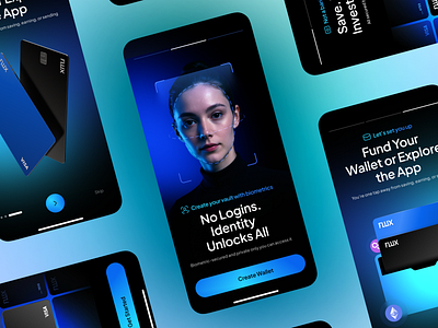 Secure Onboarding Flow Fintech App app app design app interface biometric login blockchain crypto app dark ui digital banking finance app fintech fintech app futuuristic ui ios mobile app neobank onboarding ui product design wallet design