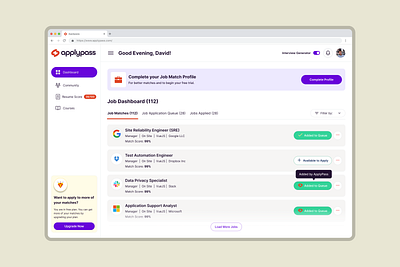 AI-Powered Job Application Portal ai ai cover letter ai job application ai resume checker application dashboard dashboard design job application dashboard job dashboard job hunt job portal mobile product design resume scorer ui ux design web design