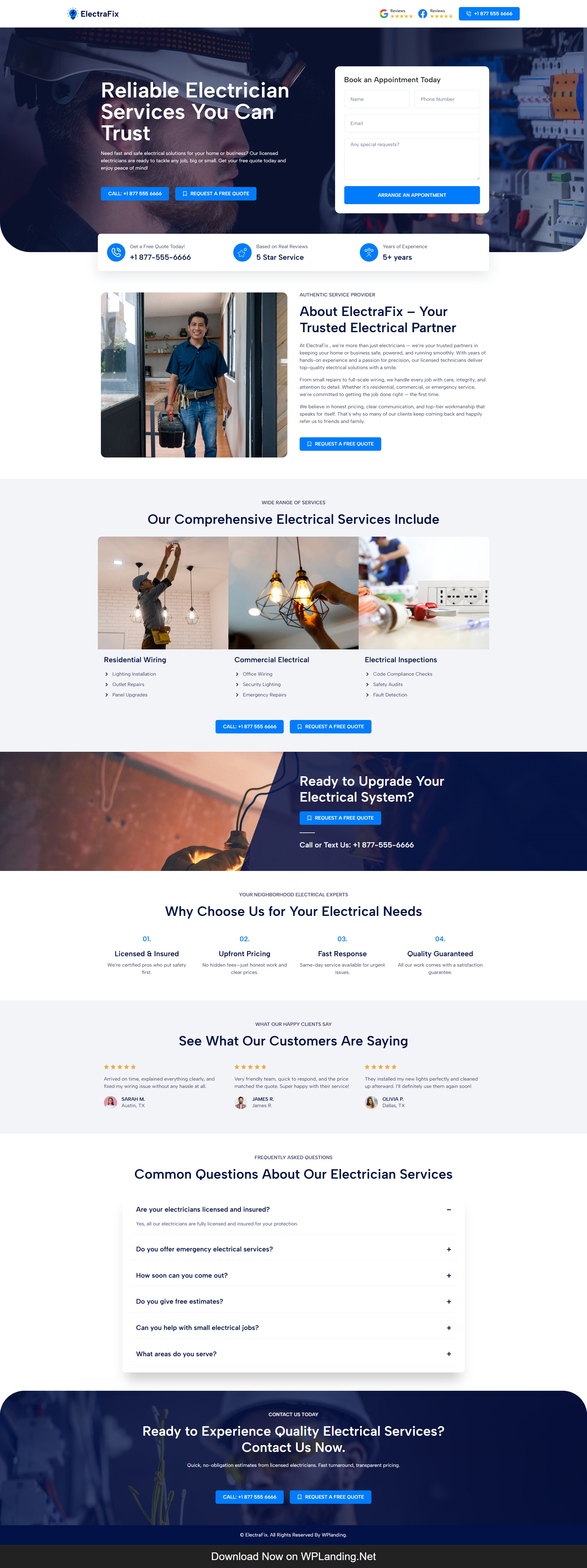 ElectraFix – Electrician Landing Page electrical services electrician electrician website online electrician
