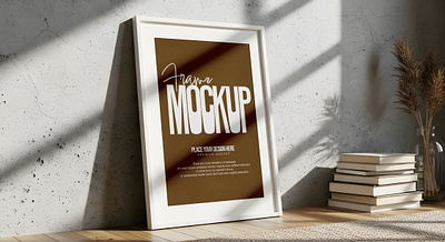 Leaning Frame Mockup with Books and Shadow Play wooden floor
