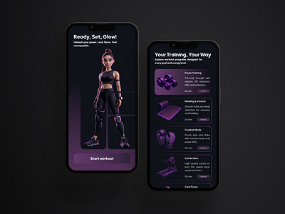 Workout App UI Concept 3dicons appinterface cyberstyle darkui fitnessapp futuristicui glowingui gradientui gymapp mobileappdesign modernui neondesign neonui purple ui uiux ux wellnessapp workoutapp َui design