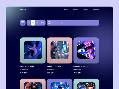 Krypto – NFT Marketplace Browse NFTs Page UI carddesign creativeui crypto darkmode digitaldesign discoverpage figma interface landingpage marketplacedesign minimaldesign modernui nft nftmarketplace productdesign uidesign uiux uxdesign webdesign webinterface