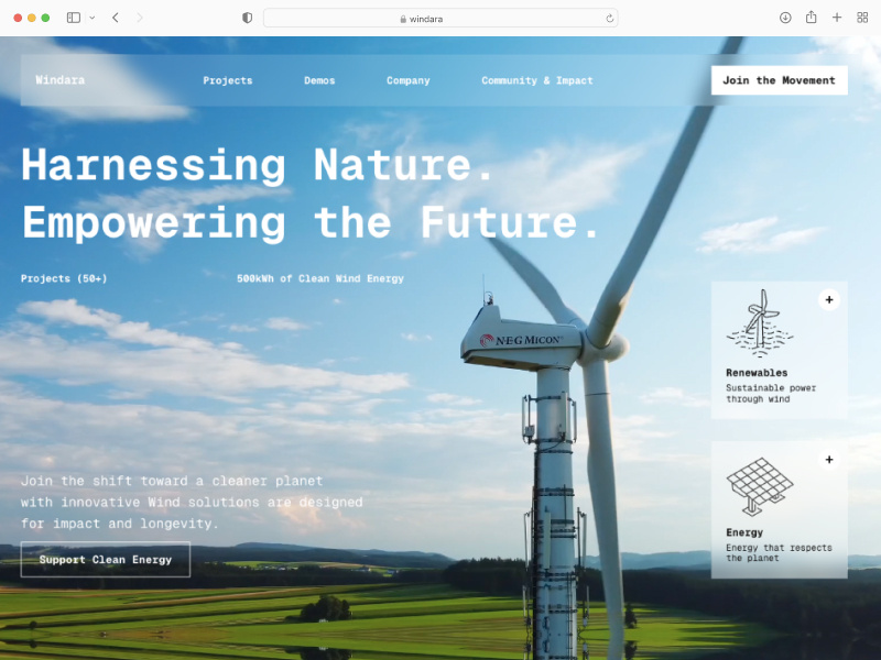 Windara - Hero banner in Framer animation framer prototype ui website wind windfarm