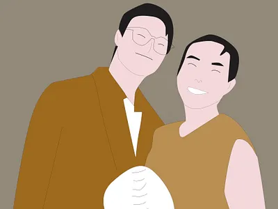 Minimalist Vector Illustration of Two Happy Friends Posing Toget warm tone
