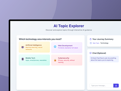 AI Topic Explorer – Guided Tech Discovery UI aigeneratedui aitools aiux cleanui dashboarddesign edtech futuristicinterface gradientui learningplatform openai productdesign saasdesign uidesign uxdesign v0dev webappdesign