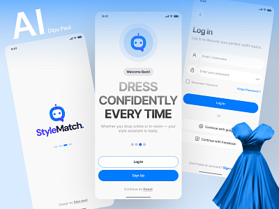 StyleMatch – AI Fashion Assistant App Login Process ai app ai fashion assistant dipu paul fashion fashion app fashion app ui interface ios app log in page login flow login screen mobile app design register sign up flow sign up ui smart fashion app splash screen stylematch ux design