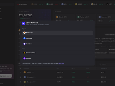 Crypto Wallet Connection Web App: Select Wallet Provider app crypto saas blockchain component crypto crypto dark mode cryptocurrency dark mode dark mode crypto dashboard modal product app design product design saas saas uiux saas web app uiux wallet web app web app crypto web3
