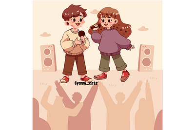 Cartoon of a Boy and Girl Singing band cartoon concert crowd crowded dance event fun group music musician opening outdoor outside park party public singer song stage