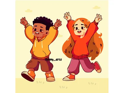 Cartoon Kids with Their Hands Raised background boy cartoon celebration childhood children day event fun girl graphic design holiday interactive joy kids people play storytime student youth