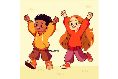 Cartoon Kids with Their Hands Raised background boy cartoon celebration childhood children day event fun girl graphic design holiday interactive joy kids people play storytime student youth