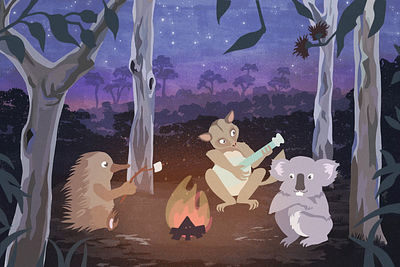 Australian Camp Fire animals animation australian character echidna illustration koala possum
