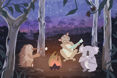 Australian Camp Fire animals animation australian character echidna illustration koala possum
